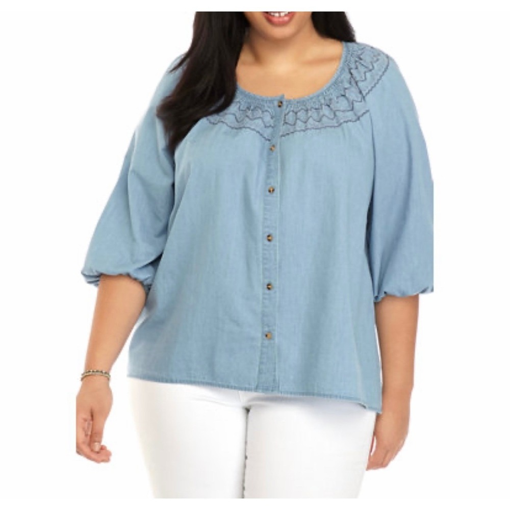 New Directions Peasant Top Womens 2X Blue Denim Embroidered Smocked Blouse NWT